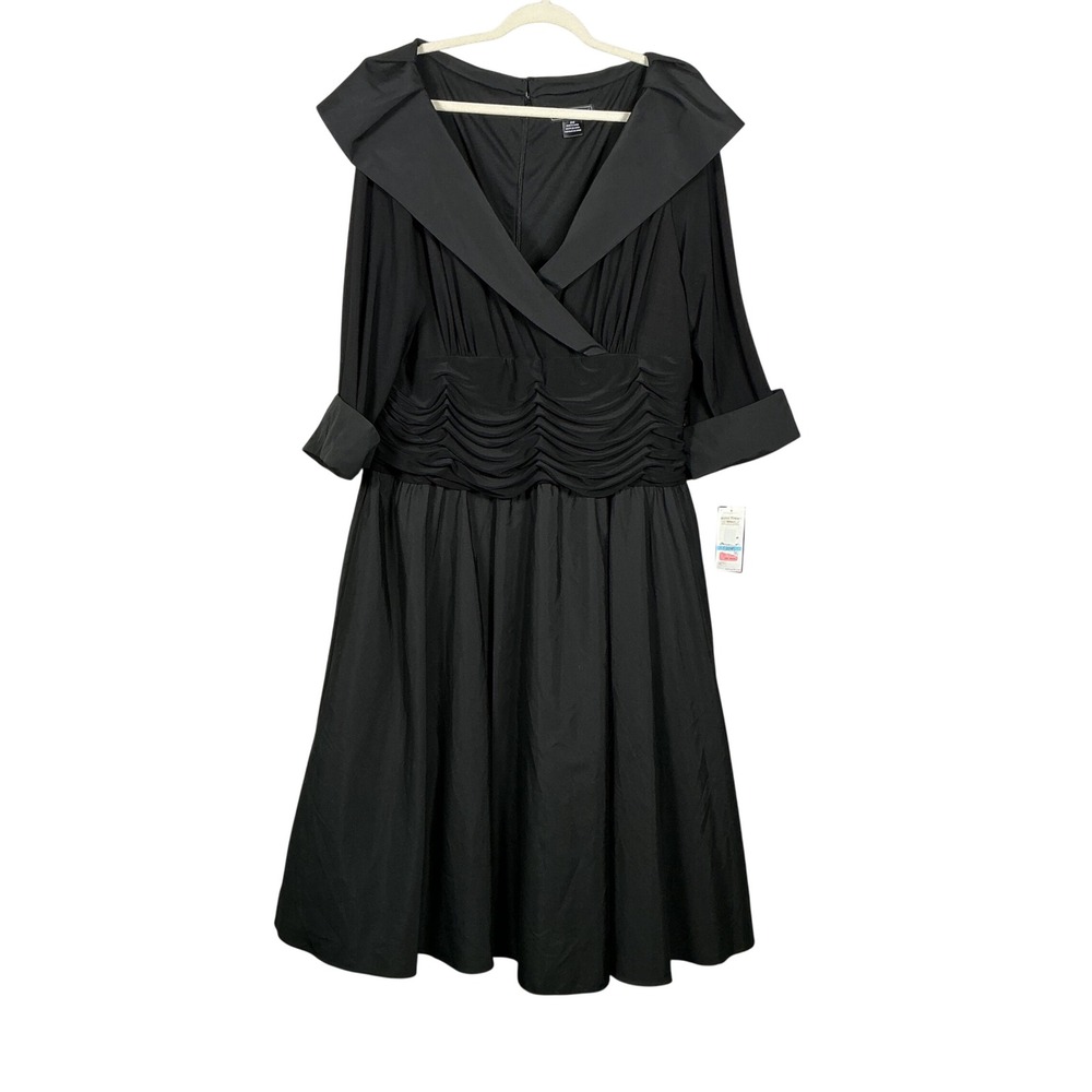Jessica Howard Woman Black Portrait Collar Ruched Waist Dress 20W NWT